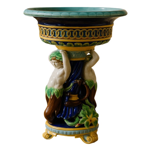Majolica Vase or Centerpiece with Putti and Frogs, 19th Century For Sale
