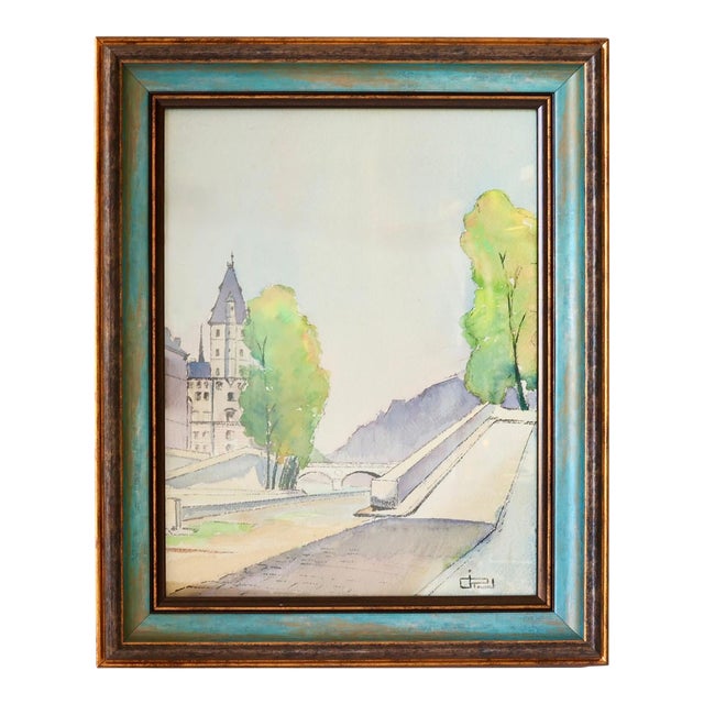 Vintage French Village Watercolor in Teal & Gilt Frame, Signed For Sale