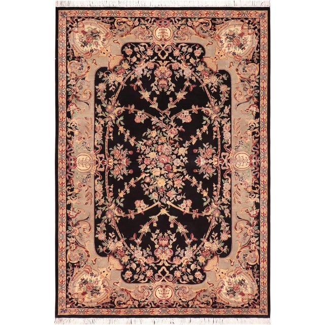 Art Nouveau 1990's Floral Pak-Persian Black/Taupe Wool Rug - 6'0'' X 9'0'' For Sale - Image 9 of 9