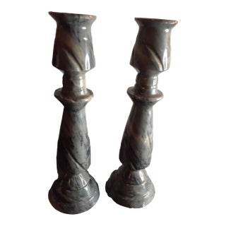 1980s Pair of Solid Grey Marble Candle Holders For Sale
