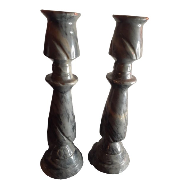 1980s Pair of Solid Grey Marble Candle Holders Chairish