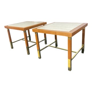 Mid 20th Century Modernist Harvey Probber Style Walnut Travertine and Brass Side Tables For Sale