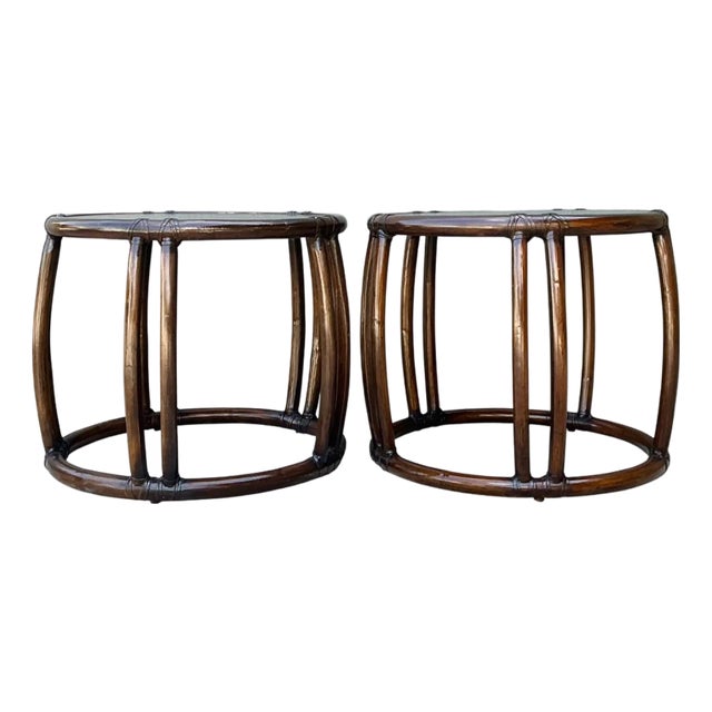 Vintage McGuire Rattan Drum Side Tables - A Pair For Sale