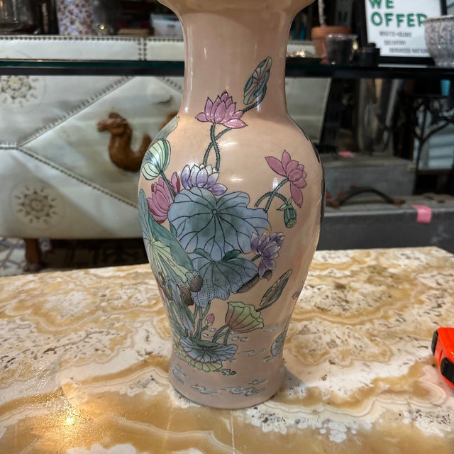 Asian Style Vintage Ceramic Pink Floral Vase For Sale In Atlanta - Image 6 of 8