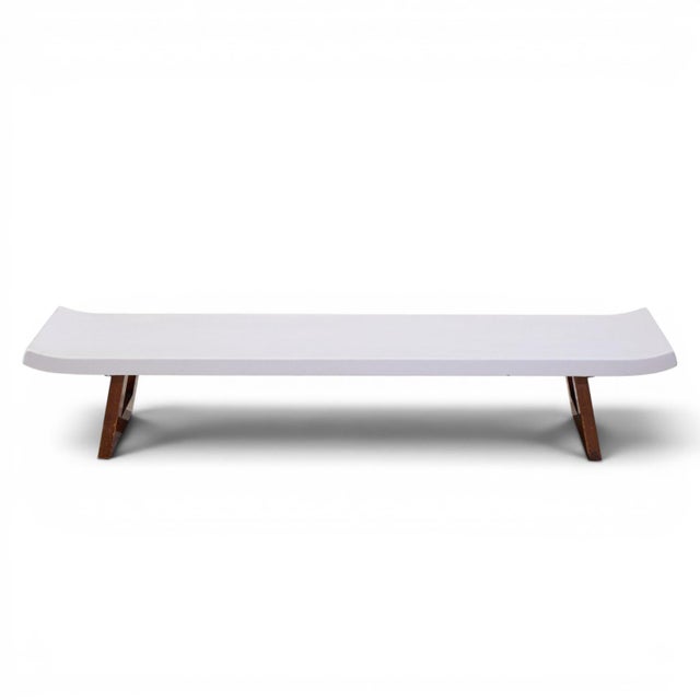Paul Frankl for Johnson Furniture Company Mid Century Cork and Mahogany Coffee Table Bench This bench measures: 71.5 wide...