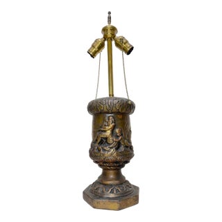 Antique Heavy Bronze Clad Figural Mythology Scene Relief Electric Table Lamp For Sale