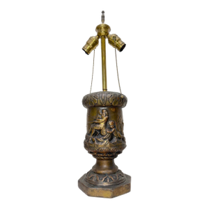 Antique Heavy Bronze Clad Figural Mythology Scene Relief Electric Table Lamp