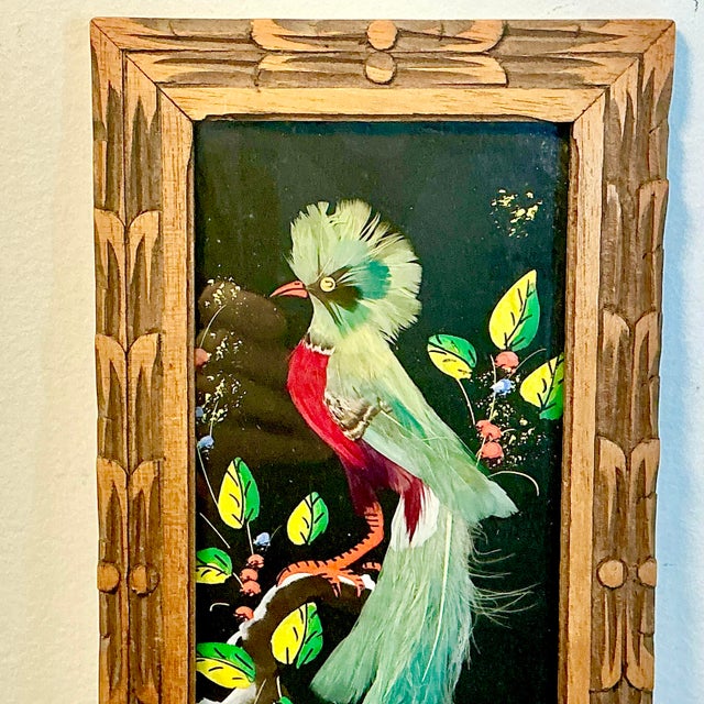 Black 1950s Vintage Mexican Folk Art Original Feather Bird Mixed Media Painting. For Sale - Image 8 of 10