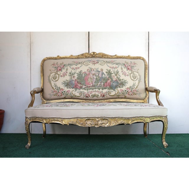 Antique Set of French Tapestry Gild Carved Gold Wood Arm Chairs Chairs & Sofa For Sale - Image 4 of 18