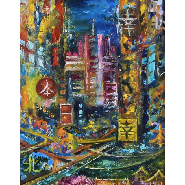 Contemporary Hong Kong Cityscape Lights Oil Painting Including the Antiqued Gold Wood Frame For Sale - Image 3 of 4