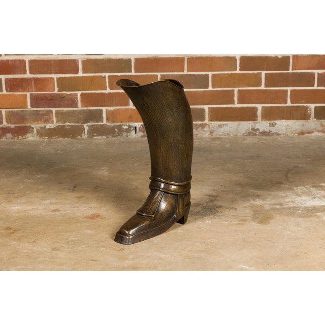 English 1920s Hand-Hammered Copper and Brass Musketeer Boot Umbrella Stand For Sale - Image 9 of 12