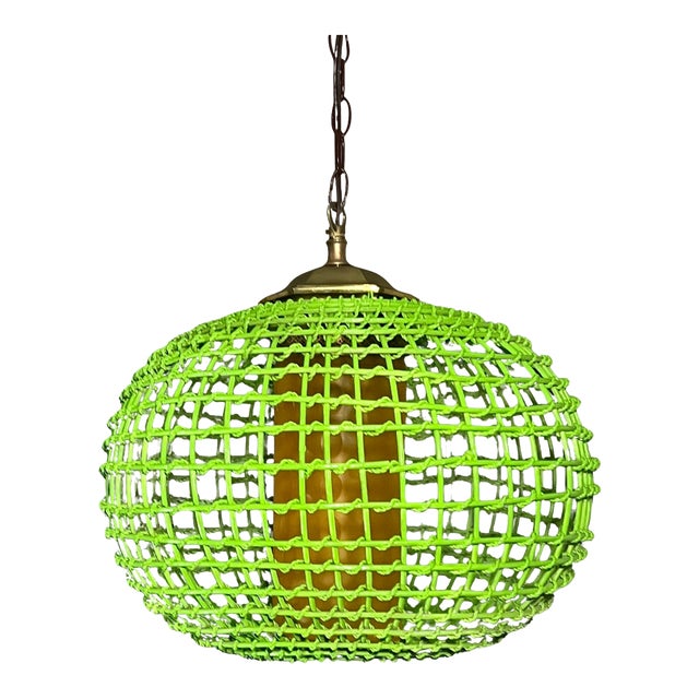 Vintage Rattan Green Globe Oange Glass Shade Pendant Light For Sale