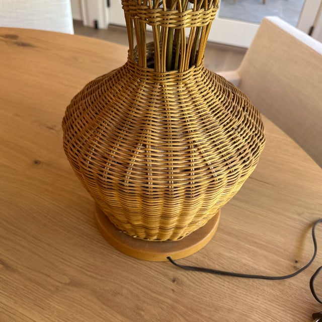 Wood Monumental Vintage Wicker Table Lamp With Matching Dome Shaped Shade For Sale - Image 7 of 11