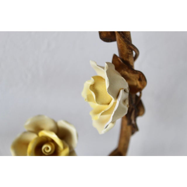 Gold Italian Gilded Tole Porcelain Yellow Roses Leaf Vine Marble Base Table Accent Lamp Vintage Mid-Century For Sale - Image 8 of 17