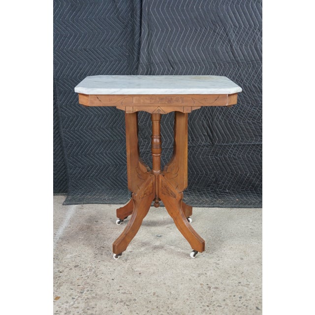 Antique Victorian Eastlake Walnut Carved Marble Top Parlor End Side Table 26" For Sale - Image 9 of 17