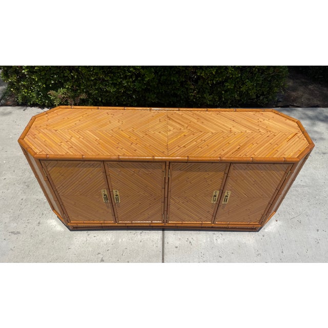 Hollywood Regency 1970s Vintage Split Reed Rattan and Faux Bamboo Credenza, Sideboard, Console, Buffet For Sale - Image 3 of 12