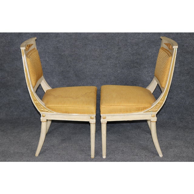 French 1950's Set 10 Louis XVI French Empire Style Painted Parcel Gilt Dining Chairs For Sale - Image 3 of 13