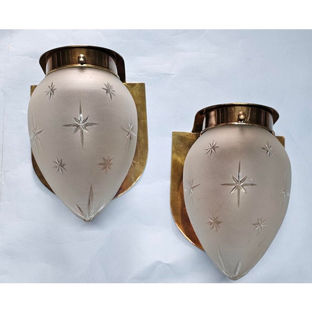 Pair Vintage Art deco light Old Lamp Wall Sconces Fixture Brass & Star Glass Shade Ship Light Lamp Excellent Working...