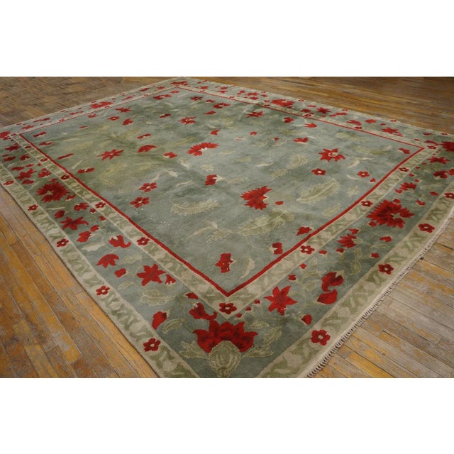 1930s Awesome Green Ground Color With Striking Red Flowers in a Floral Design Antique Chinese Art Deco Rug For Sale - Image 5 of 12