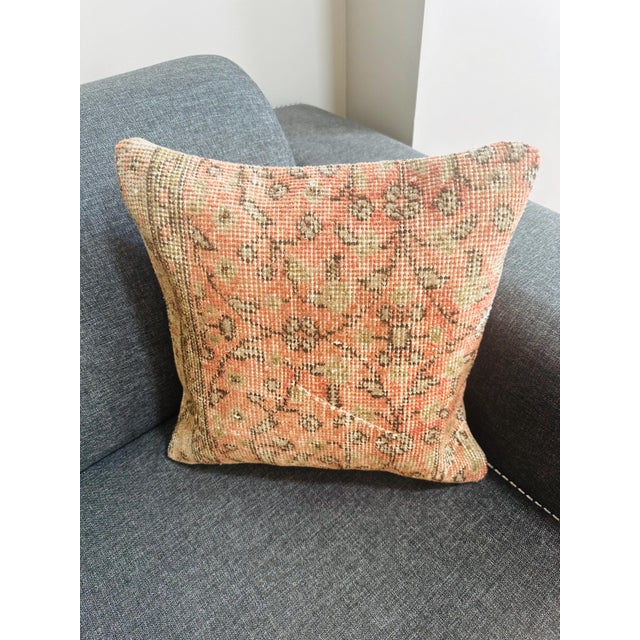 Boho Chic Vintage Turkish Isparta Rug Pillow Cover 16x16 – Rust Orange Wool Cushion Boho For Sale - Image 3 of 11