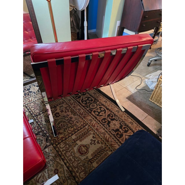 Knoll Attributed Knoll Barcelona Chair & Matching Ottoman – Early 1960s Chrome Frame, Custom Red Leather, Laurel Canyon Provenance For Sale - Image 4 of 15