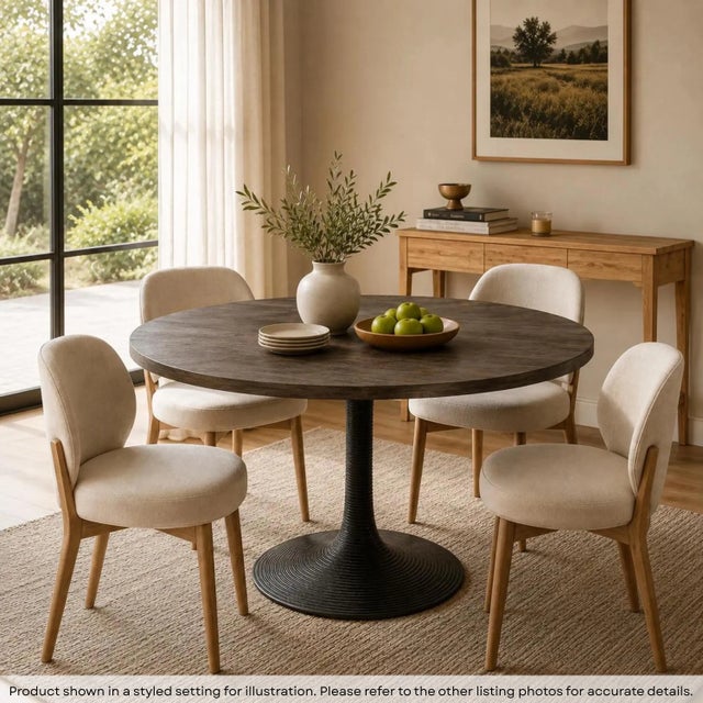 Dimensions: 48" W x 48" D x 31" H Features: • Solid wood top • Metal base • 48” round kitchen table • Distressed finish •...