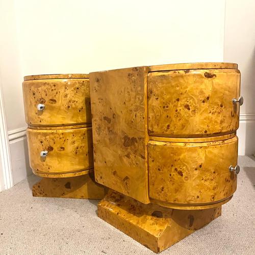 Art Deco Style Curved Burr Walnut Bedside Tables with Drawers, Set of 2 For Sale - Image 11 of 12