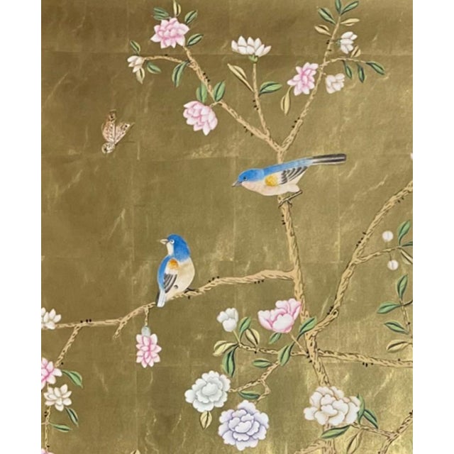 Chinoiserie Hand‑Painted Gold Foil Chinoiserie Mural Panels, Exotic Bird & Floral Motifs, Set of 2 For Sale - Image 3 of 4