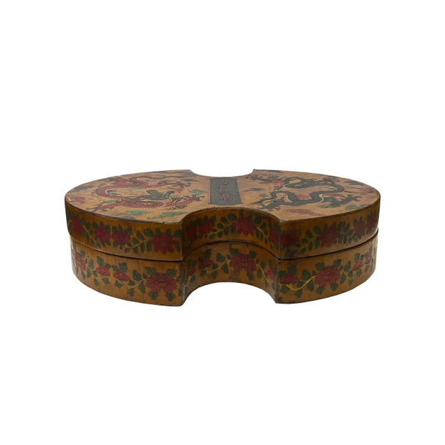 This is a handmade Chinese accent Chinoiserie decorative box made of wood and finished with a distressed mustard yellow...