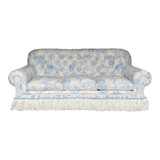 Custom Schumacher Chinoiserie Upholstered Tufted Three Seat Sofa For Sale