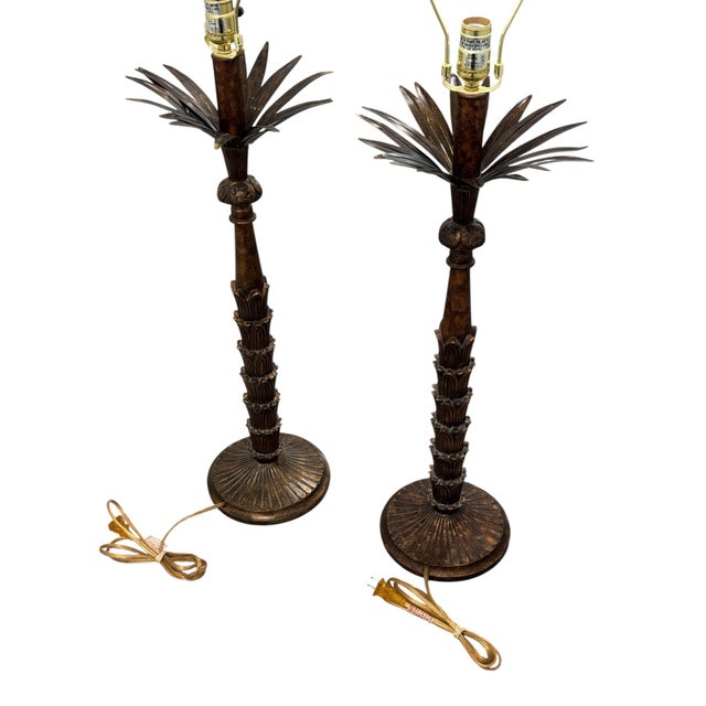 Pair of Hollywood/ Palm Beach Regency style table lamps. Each measure 11” wide x 11” deep x 38” tall including finial...