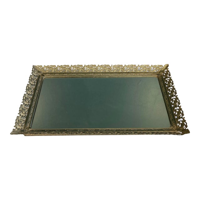 Vintage Vanity Mirror Tray With Brass Rose Filigree Edging For Sale