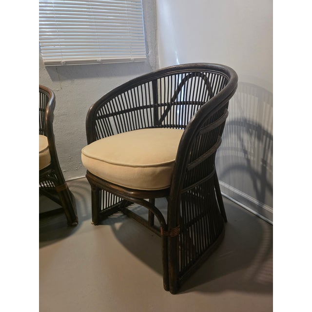Pair of Rattan and Bamboo Barrel Back Armchairs With Cream Cushions For Sale - Image 4 of 11