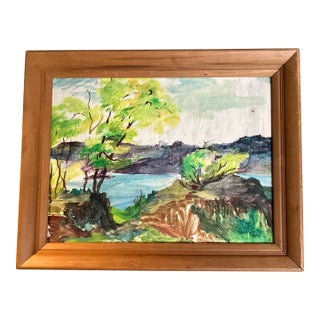 1970’s Original Modernist Soft Focus Landscape Painting Oak Wood Frame For Sale