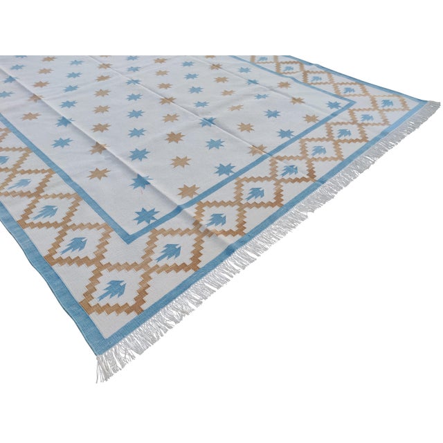 Not Yet Made - Made To Order Handmade Cotton Vegetable Dyed White, Sky Blue and Tan Star and Gingham Rug - 10'x14' For Sale - Image 5 of 10