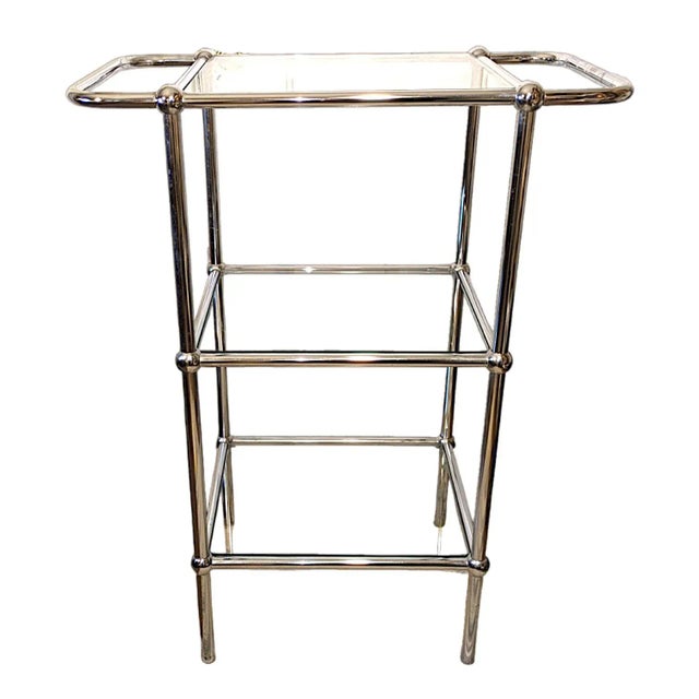 1990s Vintage Double Handled Chrome and Glass 3-Tier Dry Bar For Sale - Image 5 of 10