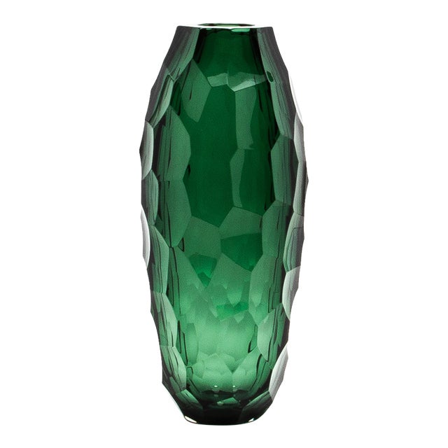 Hand Blown Murano Tall Faceted Vase in Emerald Green For Sale