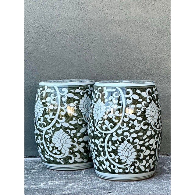 Vintage Glazed Ceramic Floral Garden Stool - A Pair For Sale - Image 12 of 12