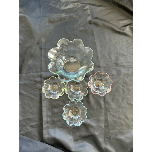 Vintage painted ruffle art glass fruit bowl set of 5 Large bowl 10.5"D X 4.25", small bowls 5.5"D X 1.75"H in very good...