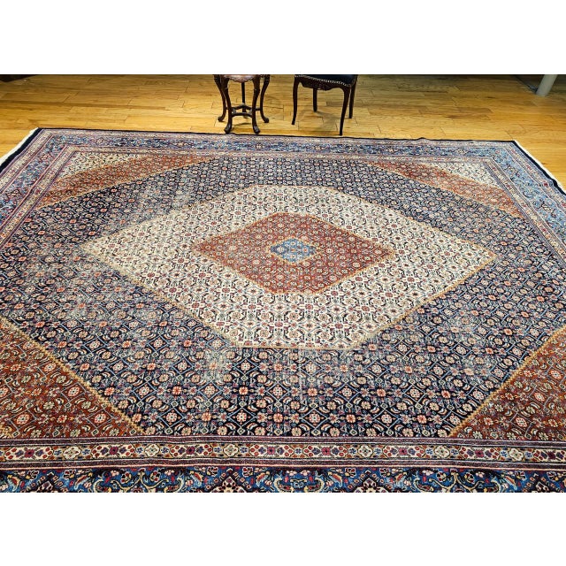 Textile Antique Persian Tabriz Mahi Rug, Hand-Knotted Wool, Herati Geometric Pattern, Ivory & Navy, 10x13 For Sale - Image 7 of 18