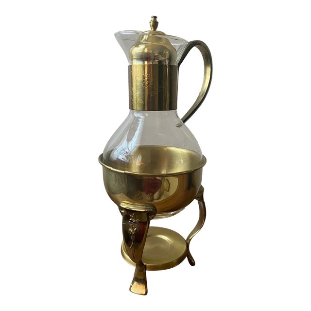 Vintage Glass Carafe Coffee Pot & Brass Warmer Stand For Sale