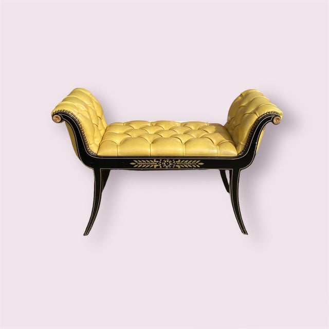Gorgeous black and gold wood bench, with what looks like yellow leather seat. A wee wear but no rips. One button missing.