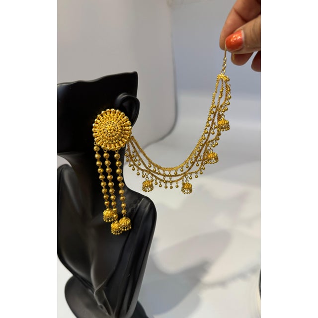 Metal Vintage 22K Gold Drop Earrings with 'Attached' Champasaralu / Ear Chains, 72 GM For Sale - Image 7 of 18