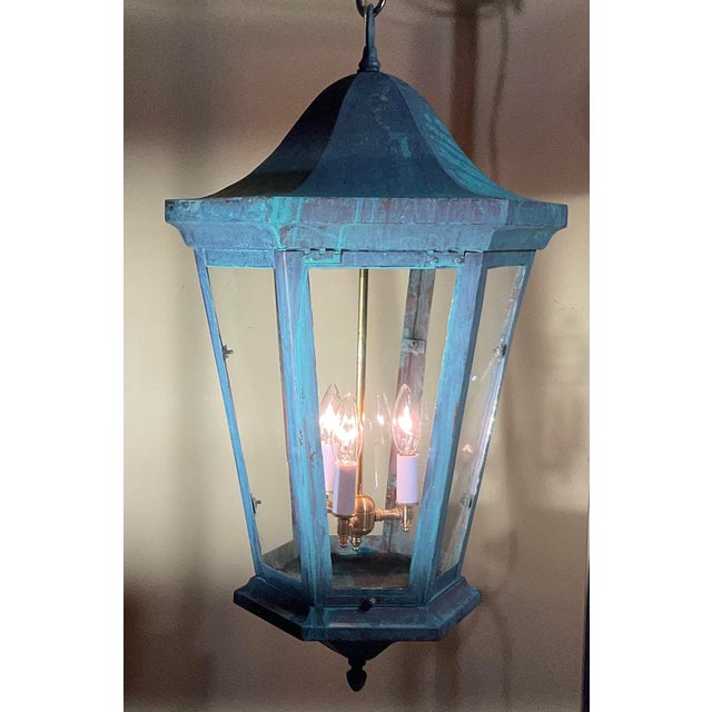 American Large Vintage Solid Brass Hexagonal Lantern – Verdigris Patina For Sale - Image 3 of 13