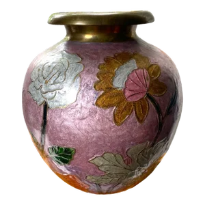 1980s Japanese Brass Cloisonné Vase Dusty Pink Background and Flowers
