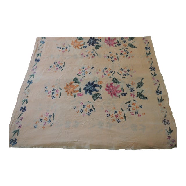 Vintage Pink and Green Floral Batik Hand-Blocked Batik Cloth For Sale