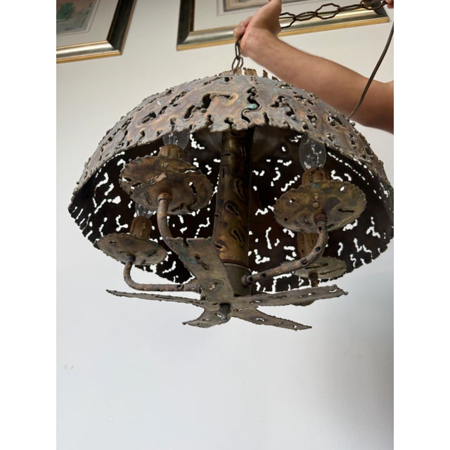 1970s Vintage Tom Greene Brutalist Torch-Cut Brass Hanging Light Fixture For Sale - Image 4 of 12