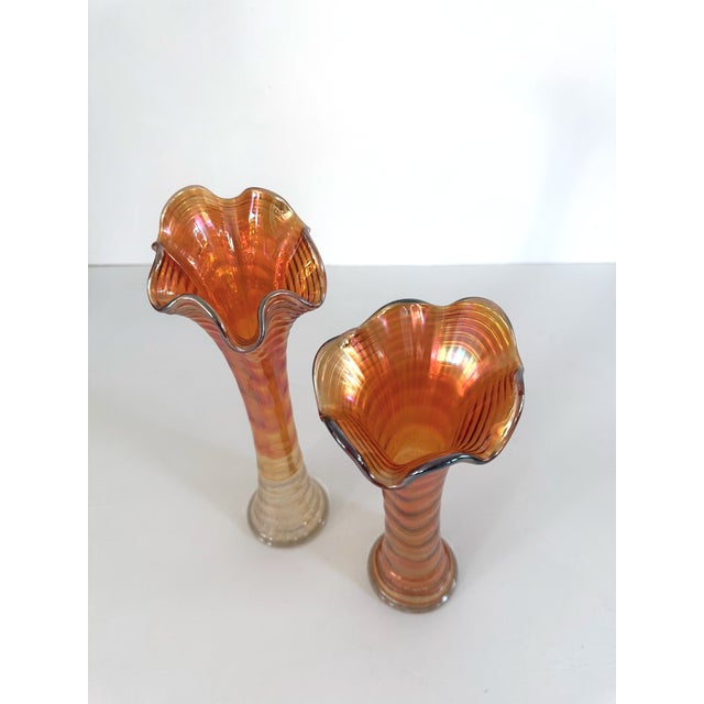 Glass Vintage Marigold Carnival Glass Swung Vases, a Pair For Sale - Image 7 of 12