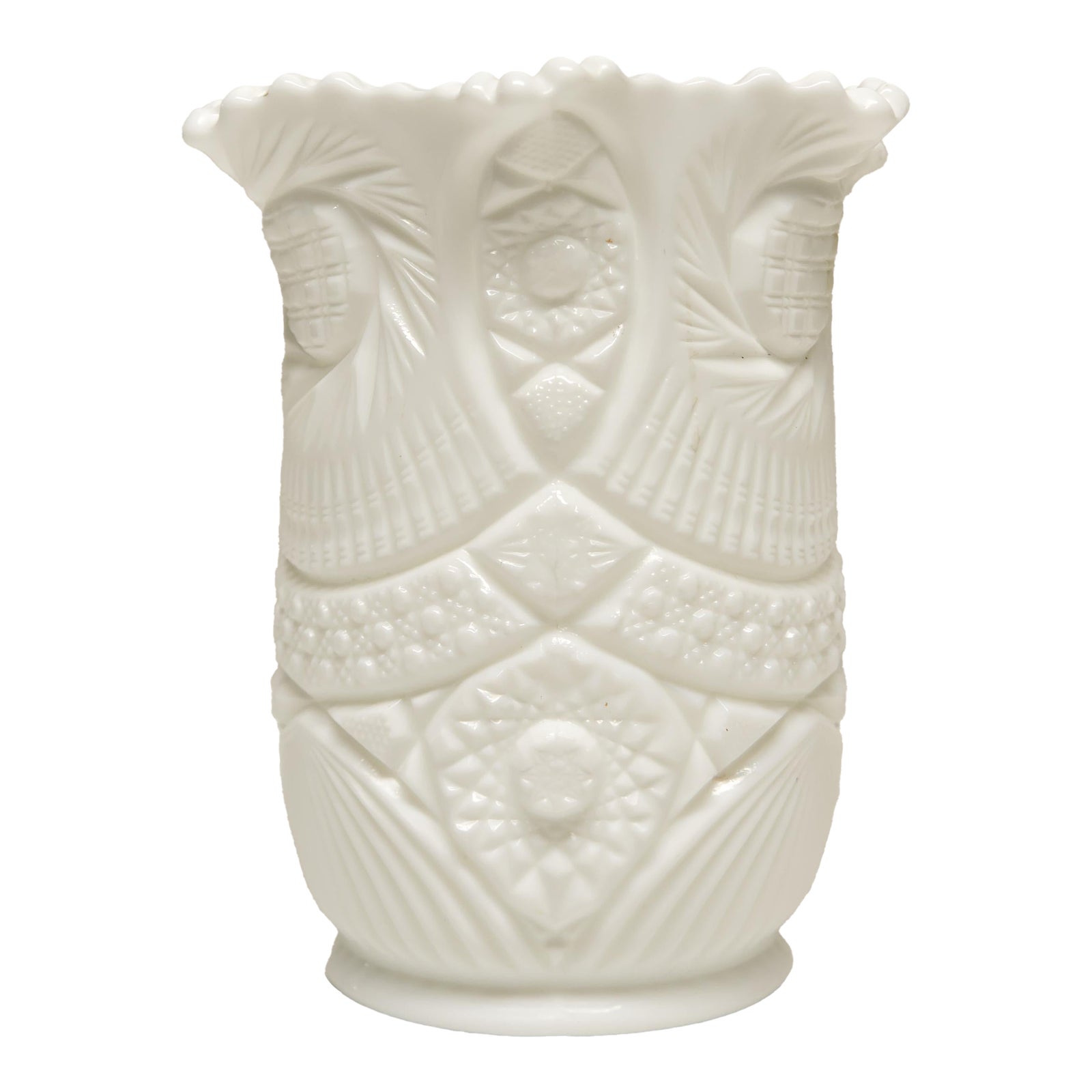 Kemple Glassworks Milk Glass Celery Vase Valtec Sunburst Pattern | Chairish