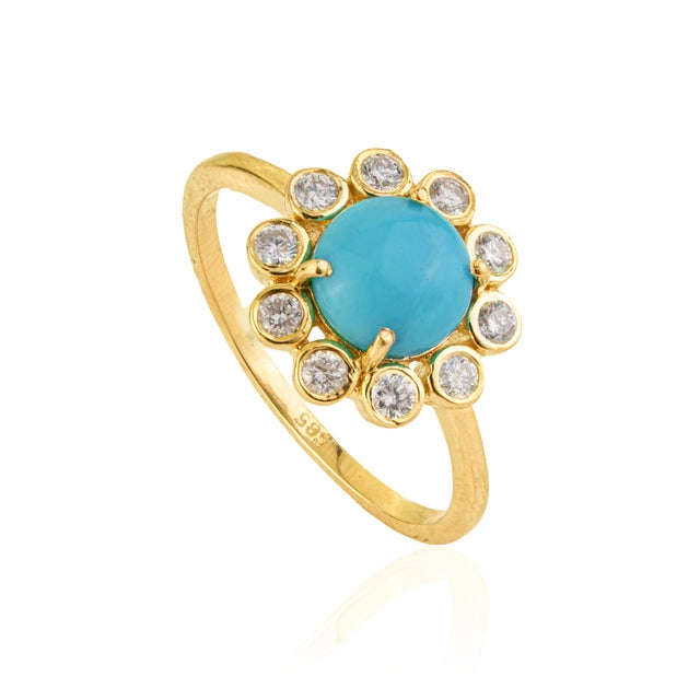 1.25ct Turquoise & Diamond Floral Vintage Cocktail Ring Size 4 in 14k Yellow Gold For Sale - Image 4 of 15